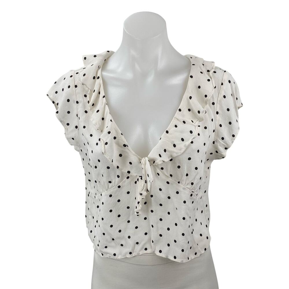 MNG Mango White Black Polka Dot Ruffle Short Sleeve Cropped Blouse Top Size 8